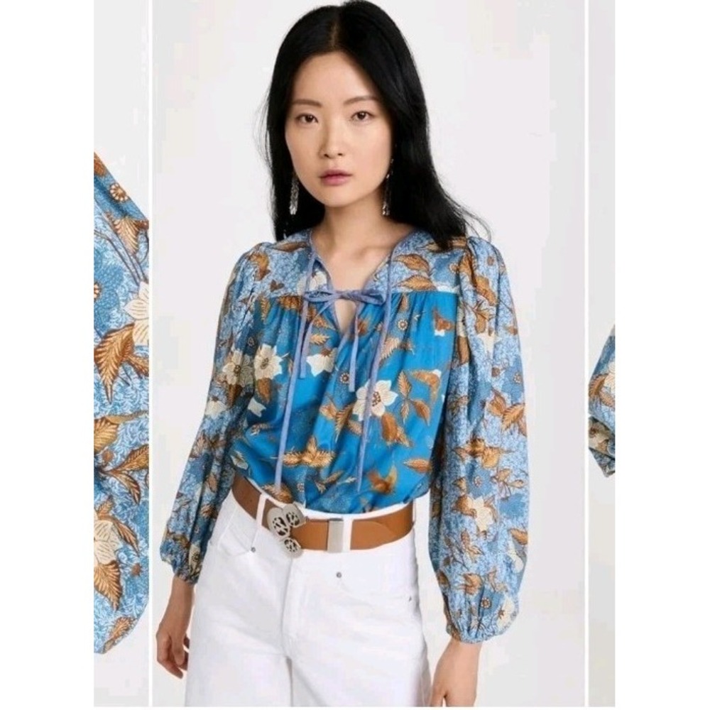Ulla Johnson Joanie Blouse Lapis Blue Floral Bird Print Boho Balloon Sleeve S